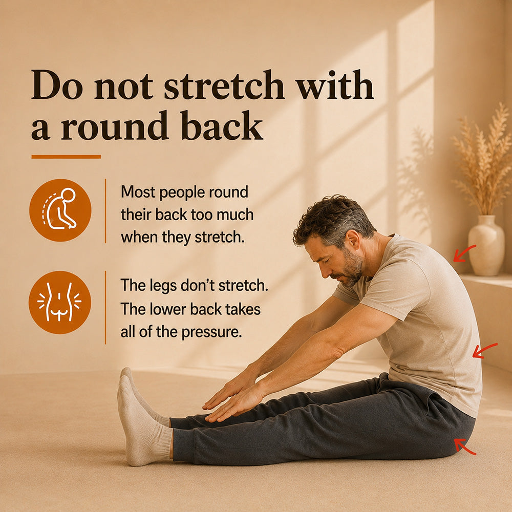 Keeping a long spine during a supported FlexBuddy hamstring stretch — why rounding your back is the beginner mistake